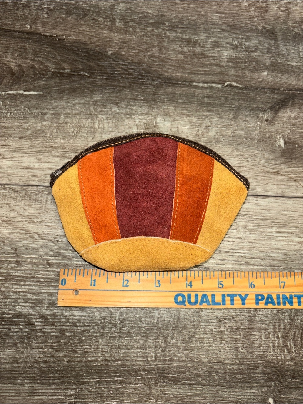 Vintage Suede Colorblock Coin Pouch in Mustard, Orange & Burgundy - Picture 2 of 6